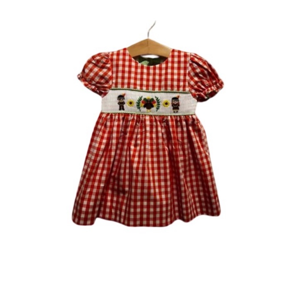 Orange Gingham Baby Dress with Hand Smocked Thanksgiving Embroidery